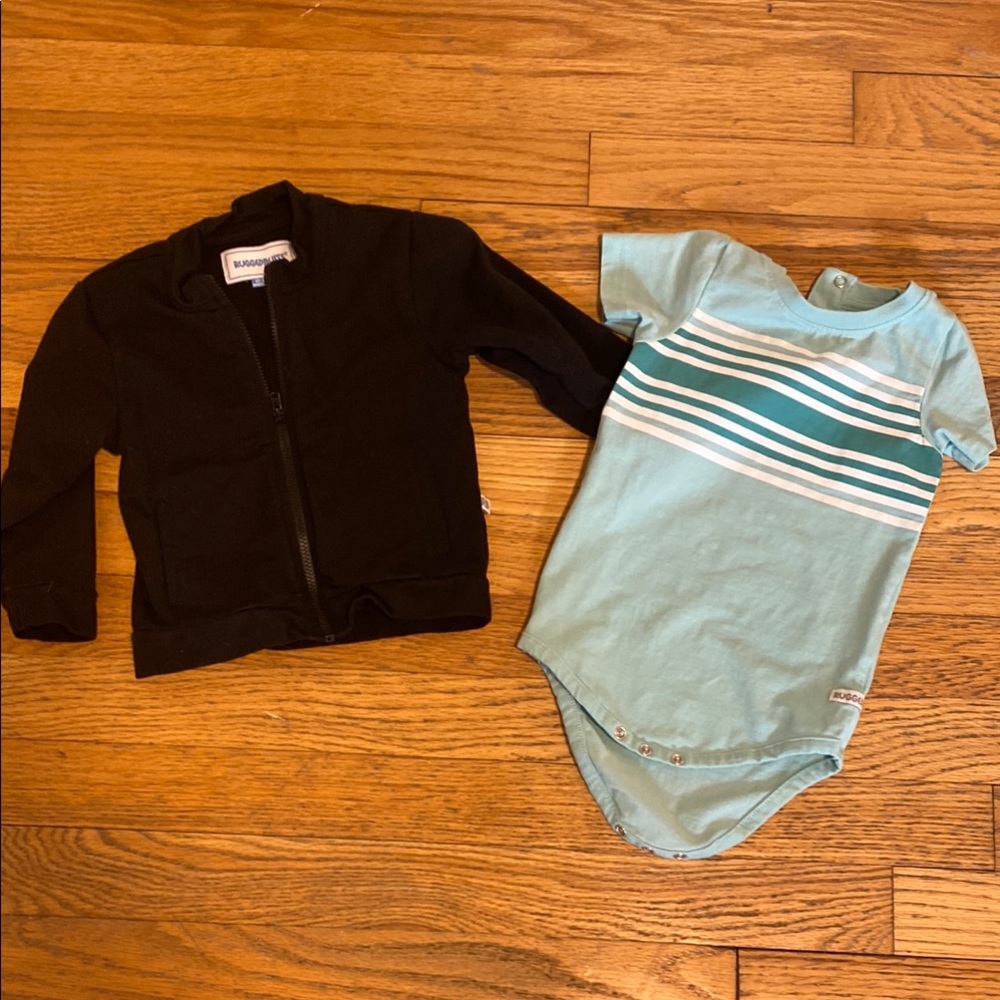 Rugged Butts Black Jacket and Blue Striped Onesie Set